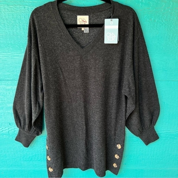 Chaser Dresses & Skirts - CHASER Recycled Knit V-neck Tunic Button Side Seam Balloon sleeves Size M NWT